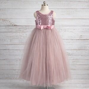 Girls Sequin Tulle Dress 6 Pink Long Bow Sleeveless Party Princess Easter